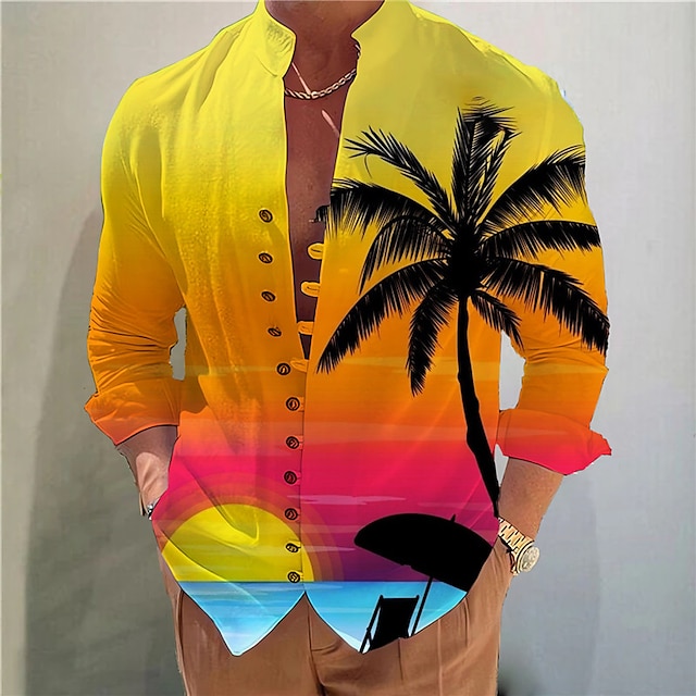  Men's Shirt Summer Hawaiian Shirt Coconut Tree GraphicStand Collar Yellow Blue Fuchsia Green Gray Outdoor Street Long Sleeve Print Clothing Apparel Fashion Designer Casual Comfortable