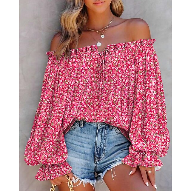  Women's Shirt Blouse Pink Lace up Print Floral Casual Holiday Long Sleeve Off Shoulder Basic Regular Floral S