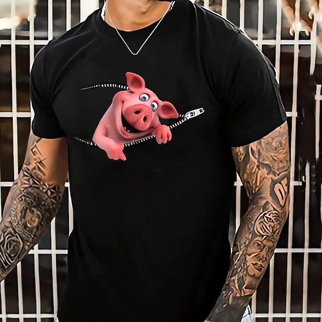 Men's Graphic T-Shirt | Funny 3D Pig Zipper Illusion | Short