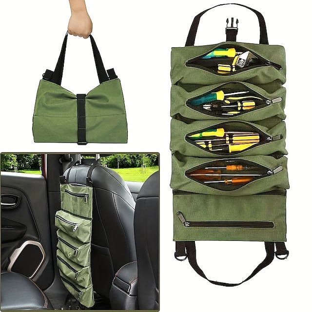 1pc Car Seat Back Hanging Storage Bag Foldable Multi-functional Tool Roll Bag Electrician Bag Hardware Tool Bag
