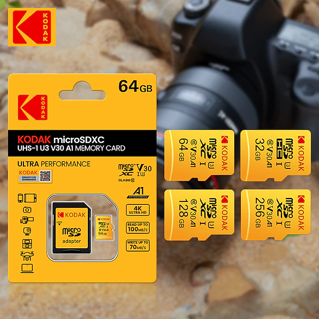 Kodak Micro SD Card U3 V30 256GB 128GB SDXC Flash Memory Card C10 U3 4K HD cartao de Memoria Micro SD TF Card With SD Adapter 16