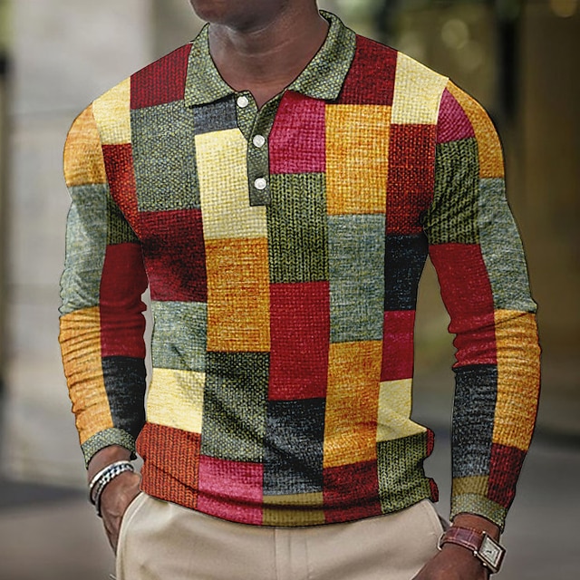 Men's Plaid Waffle Polo Shirts Golf Shirt Long Sleeve Polo Shirts Collared Shirts Vintage Casual Vacation Wear Formal Wear Festival Wear Buttons 3D Print Blue-Green Yellow Blue 8