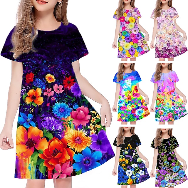  Kids Girls' Graphic Floral Dress Outdoor Casual Short Sleeve Fashion Cute Daily Above Knee Polyester Summer Spring Casual Dress A Line Dress Summer Dress 3-12 Years Multicolor Black Pink