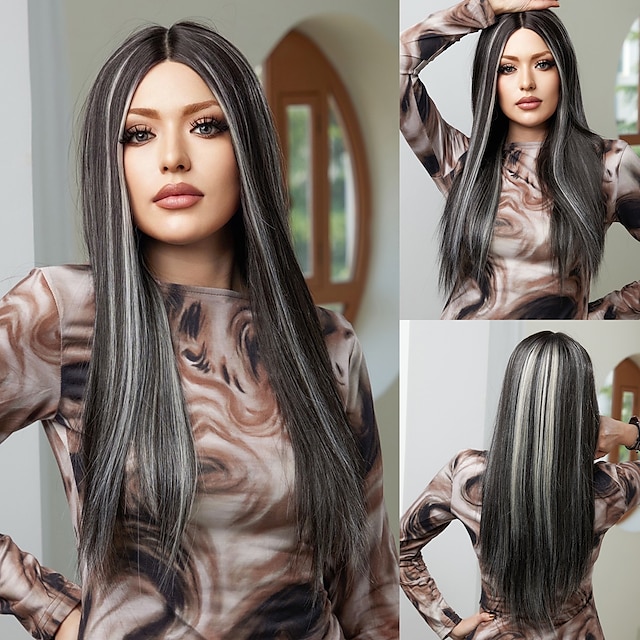  Synthetic Lace Wig Straight Style 26 inch Brown Middle Part 13x1 Lace Front Wig Women's Wig Black / Gray