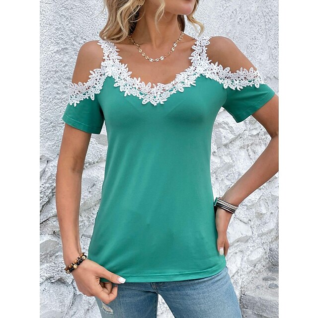  Women's Shirt Blouse Green Cut Out Lace Trims Plain Casual Short Sleeve V Neck Basic Regular S
