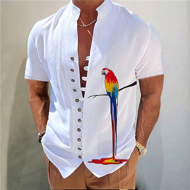  Men's Shirt Graphic Prints Parrot Stand Collar White Pink Blue Gray Outdoor Street Short Sleeve Print Clothing Apparel Fashion Streetwear Designer Casual