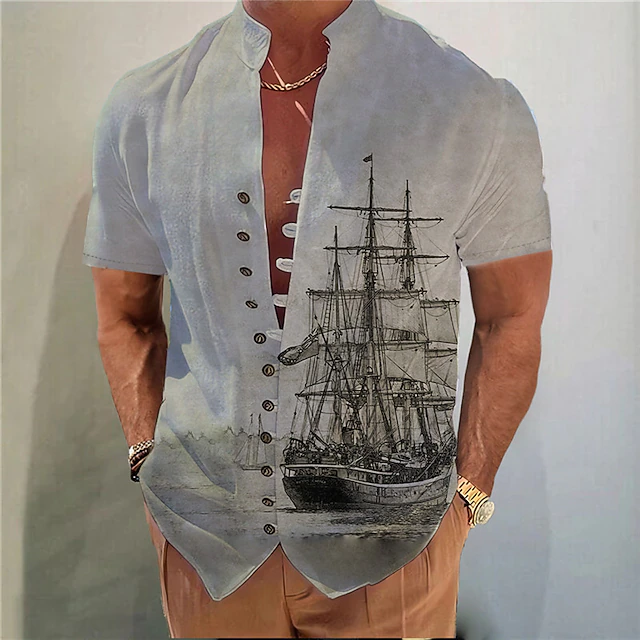 Men's Nautical Vintage Sailboat Shirt Button Up Shirt Short Sleeve Vintage Fashion Streetwear Outdoor Casual Daily Spring & Summer Stand Collar Print Blue Purple Green Khaki Gray 6