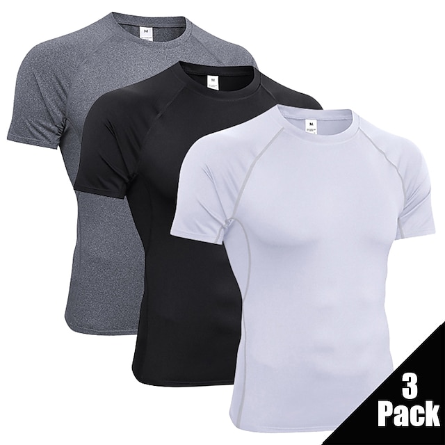  Men's Compression Shirt Running Shirt 3 Pack Short Sleeve Base Layer Athletic Athleisure Breathable Quick Dry Moisture Wicking Fitness Gym Workout Running Sportswear Activewear Solid Colored