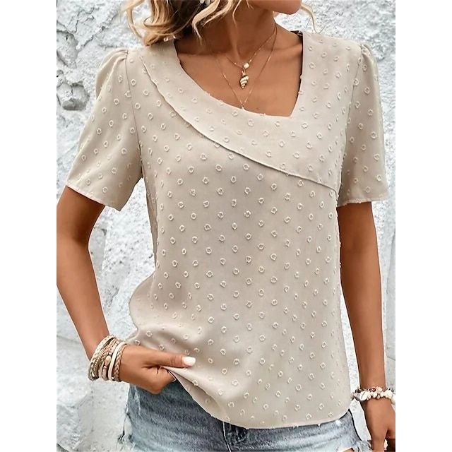  Women's Shirt Blouse Beige Plain Casual Short Sleeve V Neck Basic Regular S