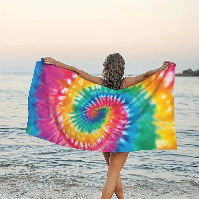 Tie Dye Beach Towel, Sand Free Hippie Color Beach Towels Oversized, Sup Soft Large Bath Towel, Water Absorbent Bathroom Towel for Men, Women, Travel, Swim, Camp, 32 x 64 Inch 34