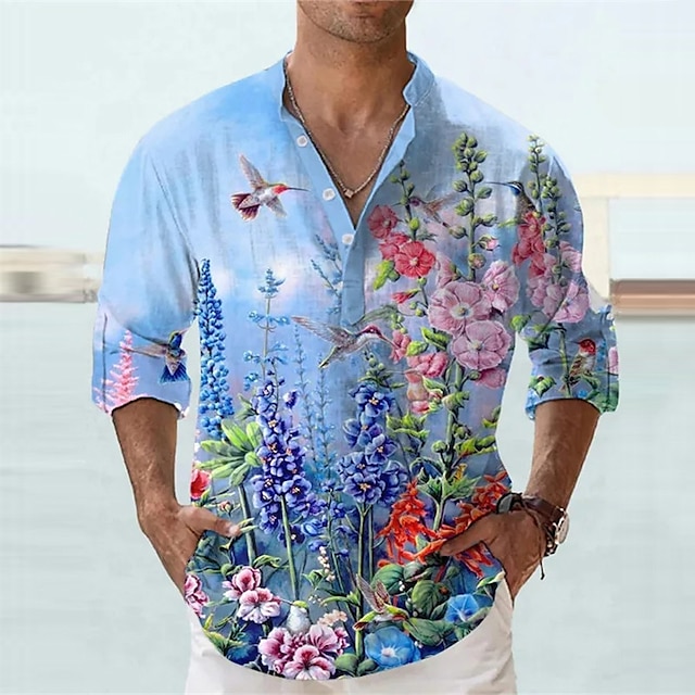 Men's Shirt Floral Graphic Prints Stand Collar Yellow Blue Purple Green ...