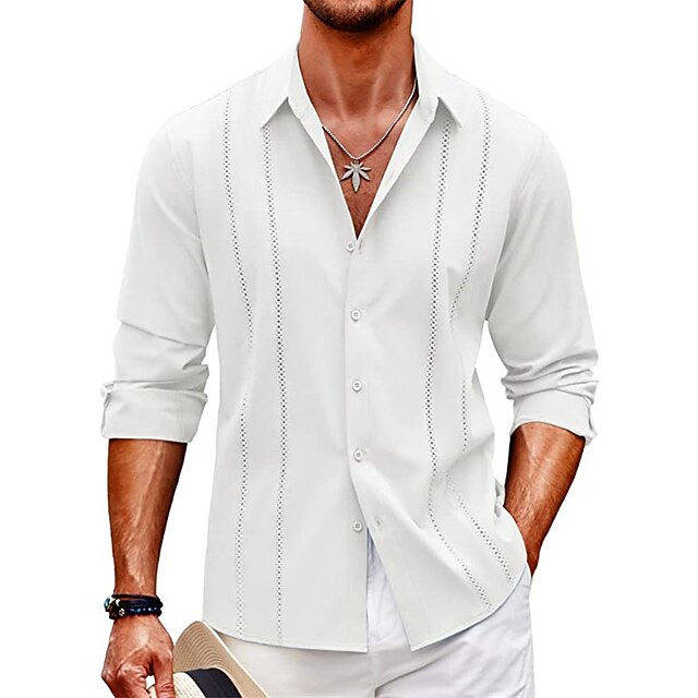 Men's Shirt Linen Shirt Cotton Linen Shirt Guayabera Shirt Summer Shirt Casual Shirt Plain Casual Daily Black White Navy Blue Blue Long Sleeve Lapel Spring & Summer Clothing Apparel 14