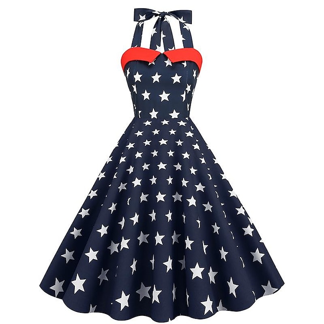  Retro vintage Jaren '50 Independence Day A-lijn jurk Swing Jurk Halter Flare Jurk Dames Amerikaanse Vlag Maskerade Casual / Dagelijks Kleding