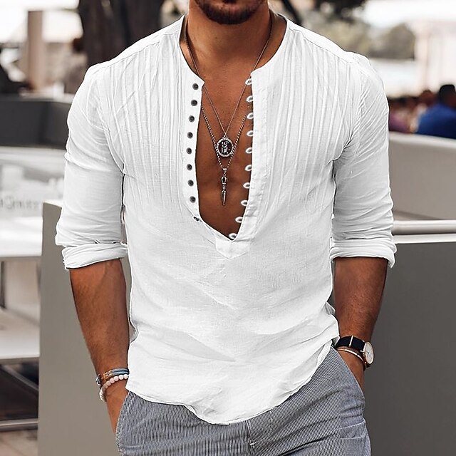 Men's Shirt Popover Shirt Summer Shirt Casual Shirt Band Collar Shirt Black White Blue Long Sleeve Plain Henley Vacation Daily Pleats Clothing Apparel Cotton Cotton Blend Fashion Casual Comfortable4