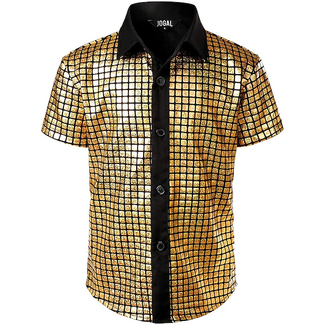 Mens 70s Disco Shirts Metallic Sequins Short Sleeve Button Down Shirts Retro Vintage 1970s Costume Performance Party Stage Halloween 23