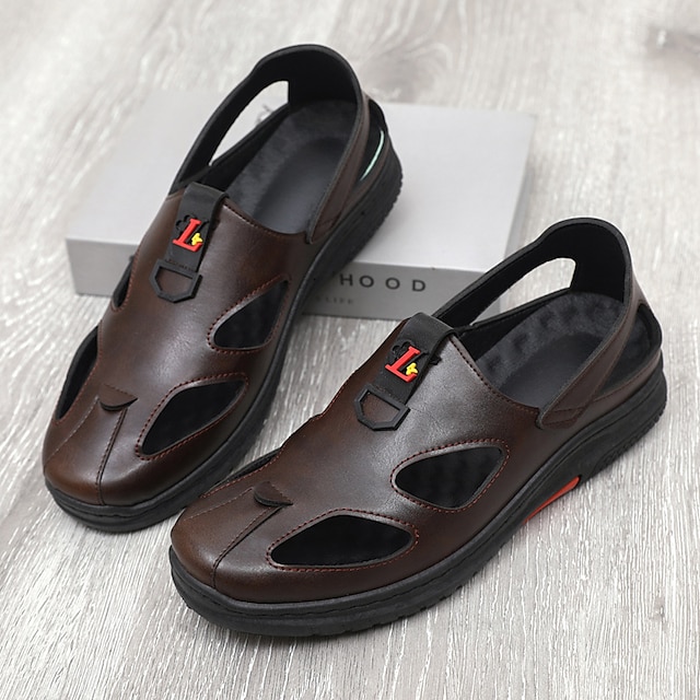  Men's Sandals Flat Sandals Leather Sandals Comfort Sandals Vintage Casual Beach Outdoor Beach Rubber PU Breathable Loafer Black Brown Summer