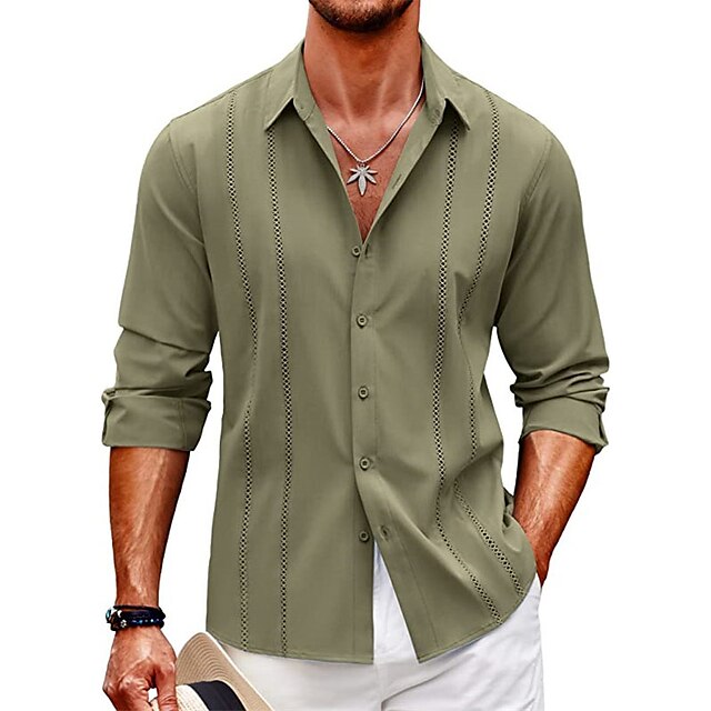  Men's Shirt Linen Shirt Guayabera Shirt Casual Shirt Summer Shirt Beach Shirt Black White Navy Blue Plain Long Sleeve Spring & Summer Lapel Casual Daily Clothing Apparel