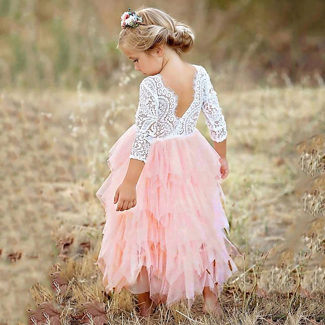 Kids Little Girls' Pink Party Princess Flower Lace Scalloped Tulle Back ...