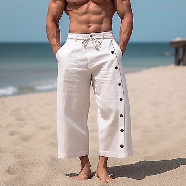  Men's Linen Pants Trousers Summer Pants Beach Pants Plain Wide Leg Front Pocket Side Button Comfort Breathable Linen / Cotton Blend Casual Daily Holiday Fashion Basic Black White