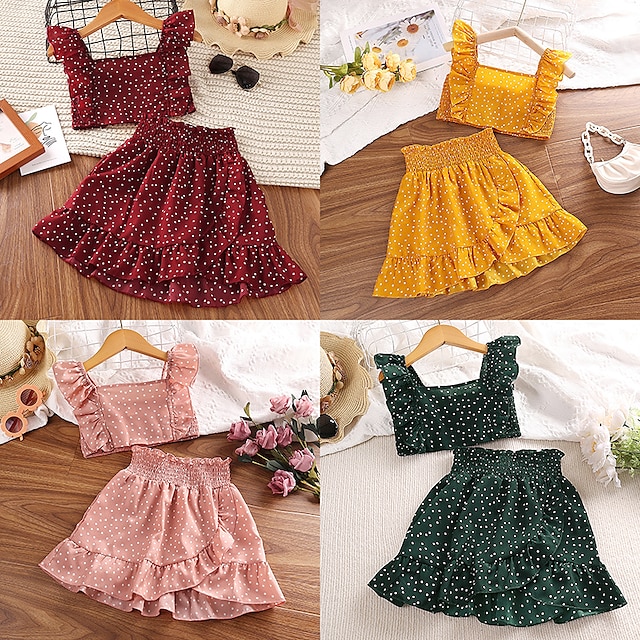  Ensemble robe Ensemble 2 Pièces Bébé Fille Pois Manche Courte Actif Ecole Coton 7-13 ans Eté Jaune