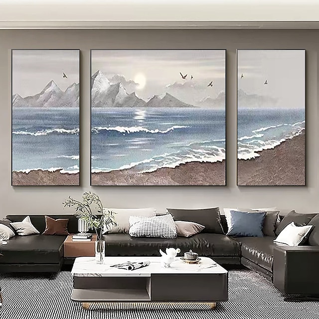  pittura a olio fatta a mano dipinta a mano orizzontale 3 set paesaggio marino astratto tela arrotolata moderna (senza cornice)