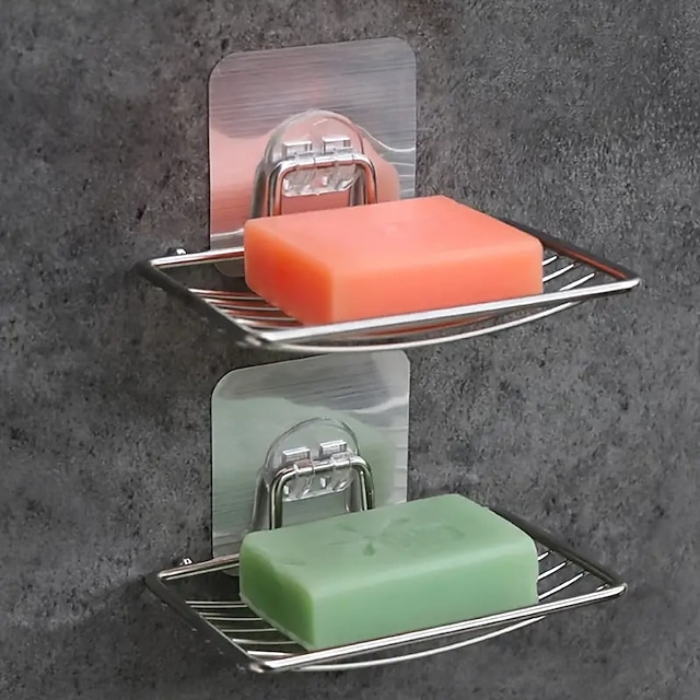  2 pièces en acier inoxydable porte-savon auto-adhésif mural savon éponge support savon économiseur support pour maison cuisine salle de bain douche salle de bain accessoires