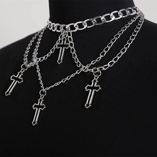  Gothic Necklace Chocker Chain Criss Cross Multi-Element Multi-Layer Necklace Chain Punk Gothic Style
