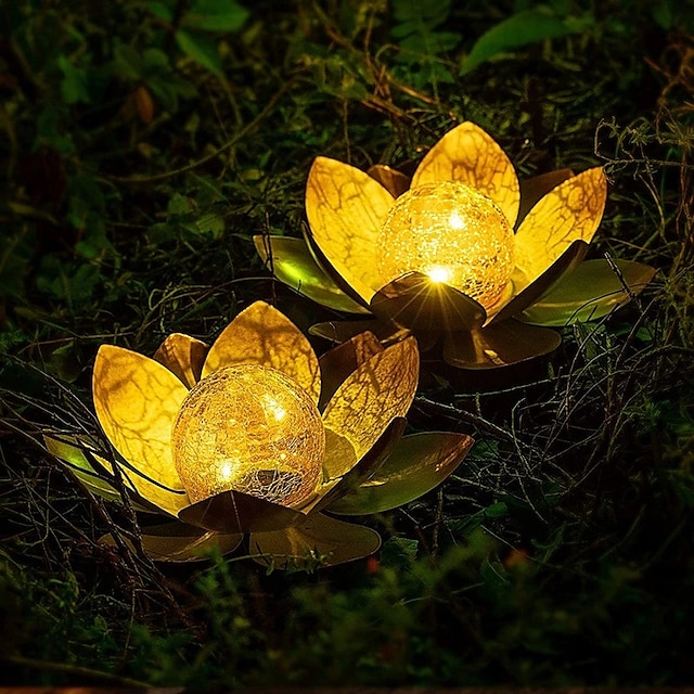  Luz de flor de loto de energía solar impermeable al aire libre para jardín, patio, camino de césped, decoración de entrada, luces de paisaje, luz solar de bola de cristal agrietado ámbar