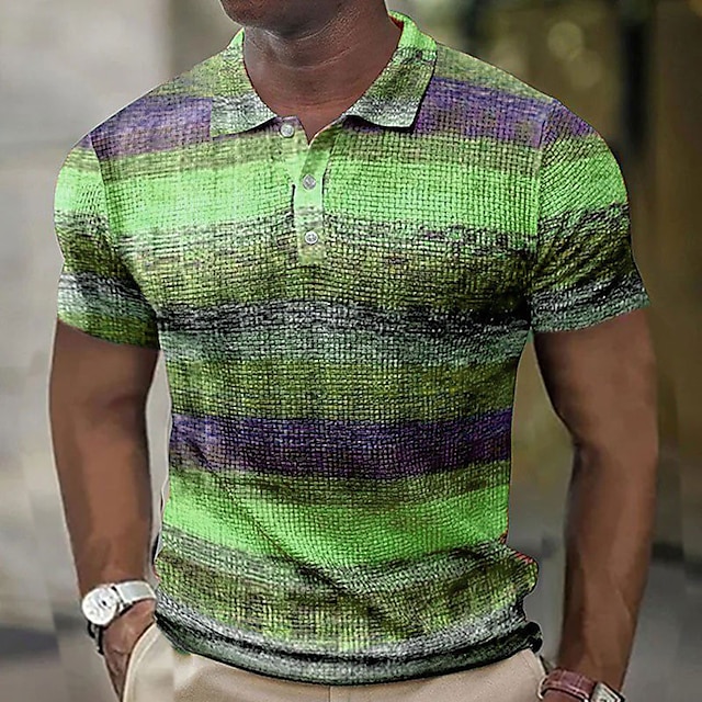 Men's Waffle Polo Shirt Polo Shirt Golf Shirt Striped Graphic Prints ...