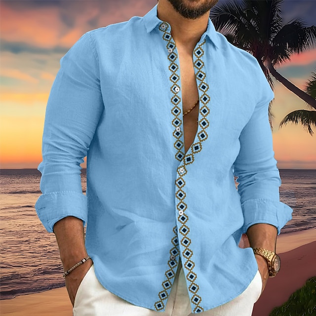  Men's Shirt Linen Shirt Button Up Shirt Summer Shirt Beach Shirt White Pink Blue Argyle Long Sleeve Spring & Summer Lapel Casual Daily Clothing Apparel