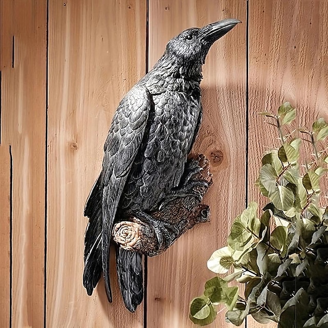  statuie corb, sculptură pe perete cu pasăre corb negru, sculptură animală de simulare pentru casa fereastră perete copac în aer liber gazon curte grădină, cadou de Paște