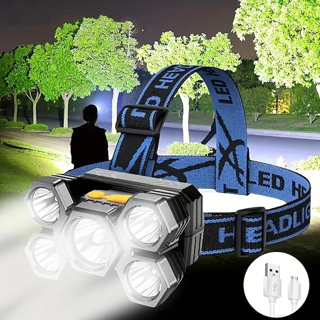  Lanterna frontală cu 5 LED-uri reîncărcabilă prin usb, 4 moduri de lucru, lanternă rezistentă la apă pentru camping în aer liber, pescuit, alergare, călărie