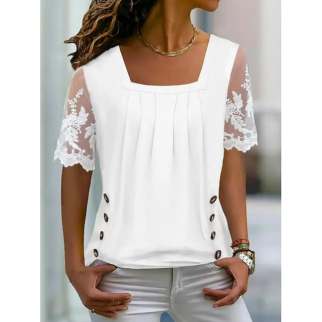  Women's Shirt Blouse White Lace Plain Casual Short Sleeve Square Neck Basic Regular S