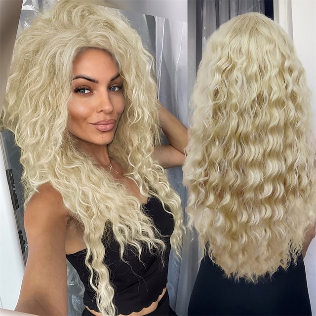  Long Curly Blonde Wigs for White Women Wavy Layered Wig Free Part Curtain Bangs Hairstyles Synthetic Golden Wigs for Girls Carnival Party Cosplay Halloween Wig