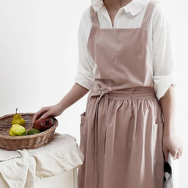  tablier croisé en lin de coton pour femme avec poches pour le nettoyage du jardinage noir avec attaches à la taille