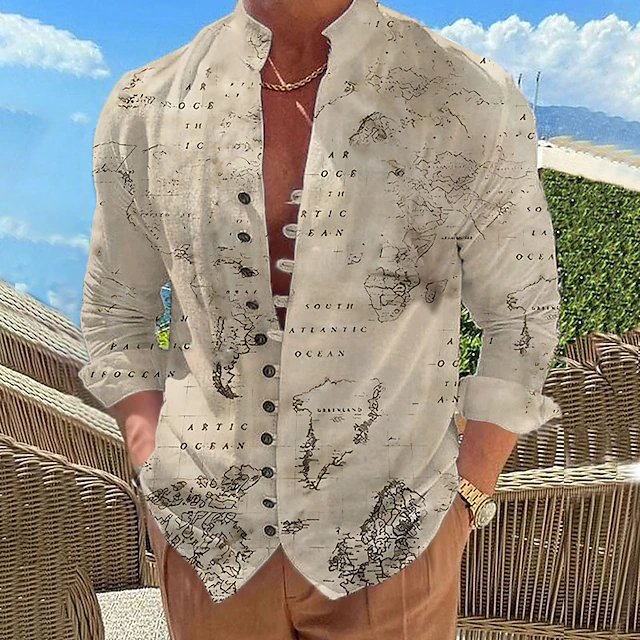 Men's Nautical Map Vintage Shirt Button Up Shirt Long Sleeve Vintage Fashion Streetwear Outdoor Casual Daily Summer Spring Fall Stand Collar Print White Yellow Blue Khaki 5