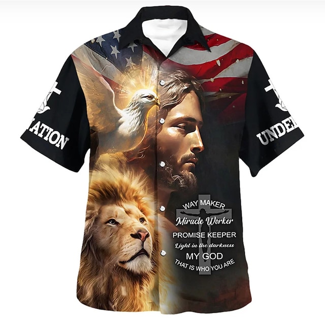  Ziua Independenței Americane Bărbați Scrisă Σταυρός Steagul american Cămașă Camașă cu nasturi Manșon scurt Modă Șic Stradă Designer Zilnic Ieșire Sfârșit de săptămână Vară Primăvară Răsfrânt Imprimeu