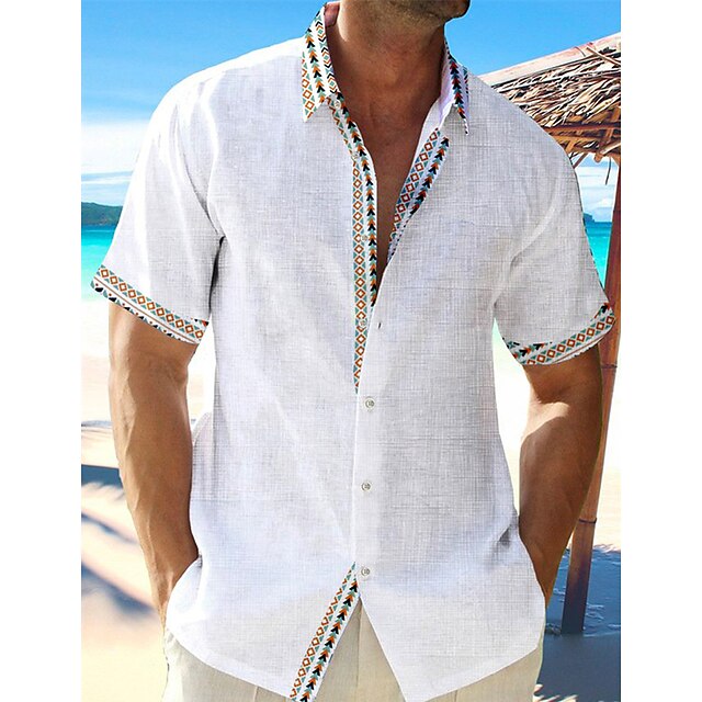  Men's Shirt Linen Shirt Casual Shirt Summer Shirt Beach Shirt White Pink Blue Geometric Short Sleeve Summer Turndown Casual Daily Clothing Apparel