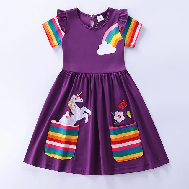 Kids Girls' Dress Cartoon Rainbow Short Sleeve School Party Embroidered ...