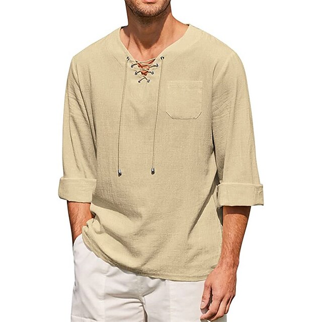  Men's Shirt Linen Shirt Casual Shirt Summer Shirt Beach Shirt Black White Navy Blue Plain Long Sleeve Spring & Summer V Neck Casual Daily Clothing Apparel Drawstring