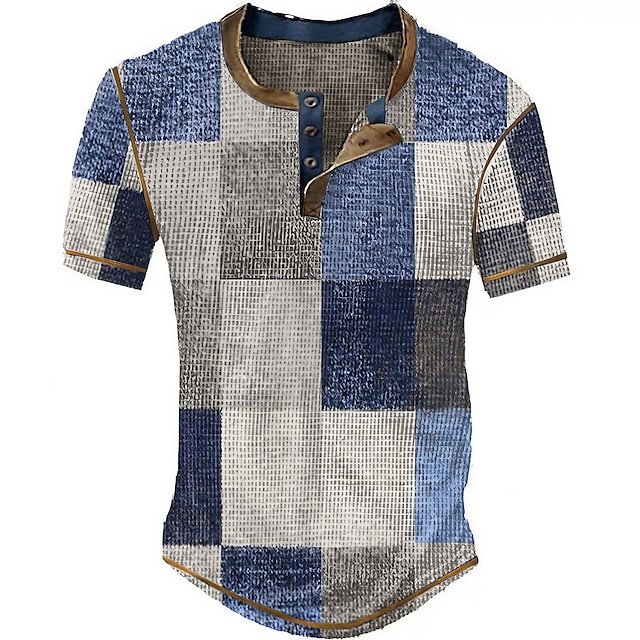  Męskie Graficzny Kratka Koszula Henley z waflami Krótki rękaw Druk 3D Moda Designerskie Podstawowy Na zewnątrz Codzienny Lato Niebieski Błękit nieba Czerwony Brązowy Zielony Henley Koszulka Henley