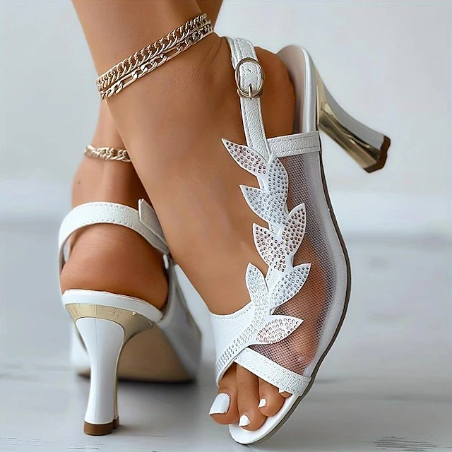 Women's White Mesh Rhinestone Heeled Sandals â Elegant Open-Toe Wedding Shoes with Leaf Design