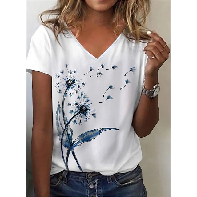  Women's T shirt Tee White Print Dandelion Holiday Weekend Short Sleeve V Neck Basic Regular Floral Painting S