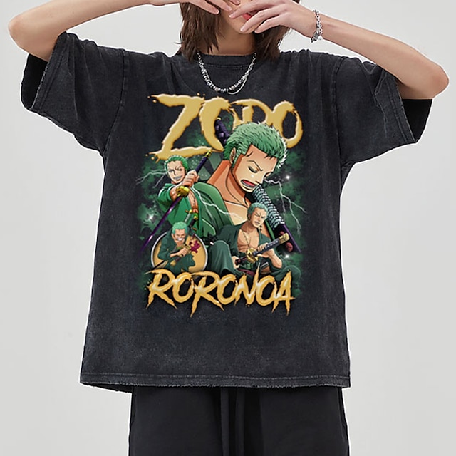  One Piece Roronoa Zoro T-shirt Oversized Acid Washed Tee Trykt mønster Retro vintage Punk og gotisk Til Par Herre Dame Voksne Varmstempling Afslappet / Hverdag