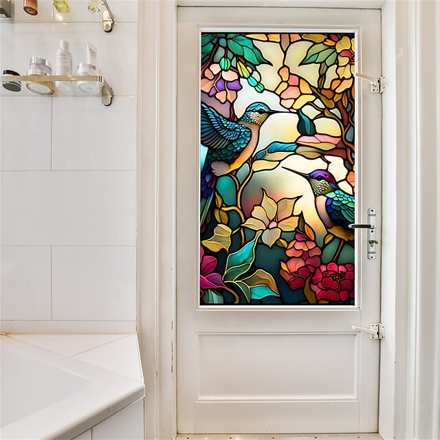 Stained Glass Window Film Colorful Retro Flower Birds Window Glass