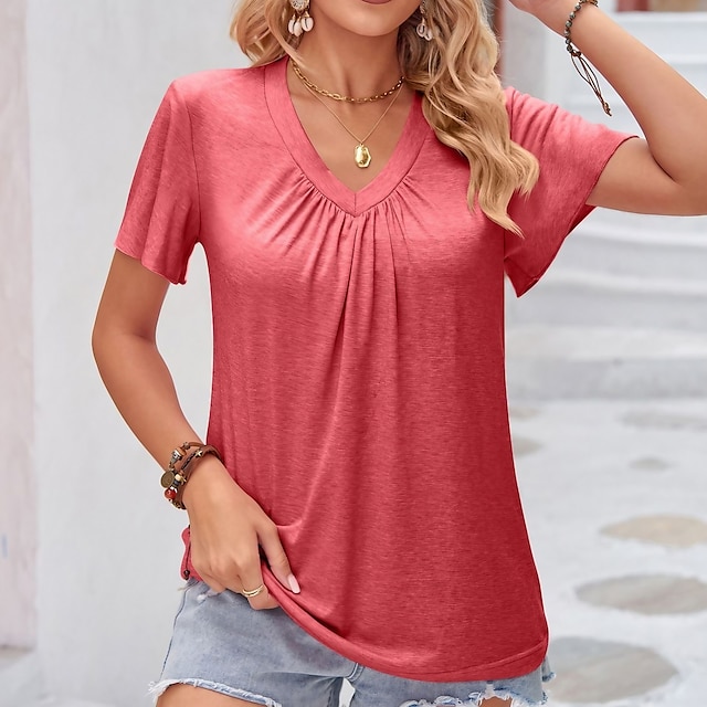  T shirt Tee Women's Wine Red Black White Solid / Plain Color Pleated Daily Basic Neon & Bright V Neck S