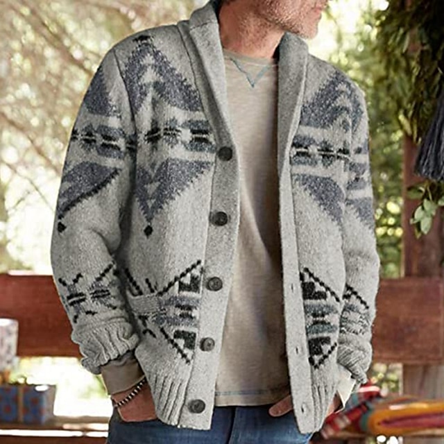 Men's Sweater Cardigan Knit Vintage Style Retro Geometric Shirt Collar ...