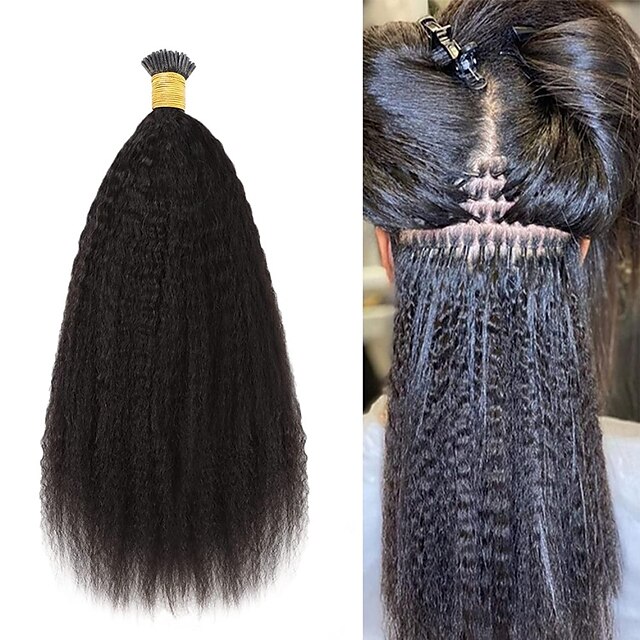  I Tip Hair Extensions Human Hair Kinky Straight Human Hair Extensions Indian Virgin Hair I Tip Human Hair Extensions for Black Women Cold Fusion Stick Tip Extension 100 Strands
