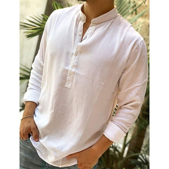  Men's Shirt Linen Shirt Summer Shirt Beach Shirt Black White Pink Plain Long Sleeve Spring & Summer Stand Collar Casual Daily Clothing Apparel