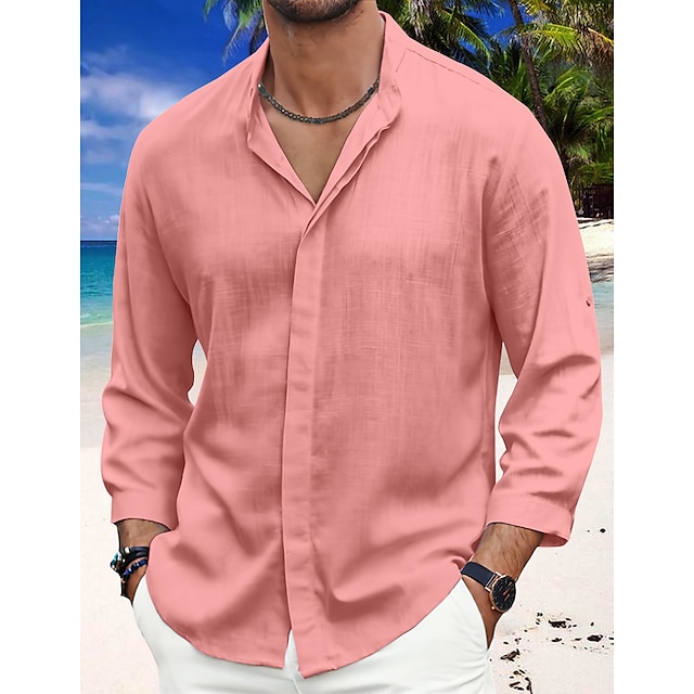 Men's Shirt Linen Shirt Button Up Shirt Casual Shirt Summer Shirt Beach Shirt Black White Pink Plain Long Sleeve Spring & Summer Band Collar Casual Daily Clothing Apparel